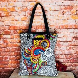 The Bombay Store Colorful Canvas Paisley Doodle Art Tote Bag